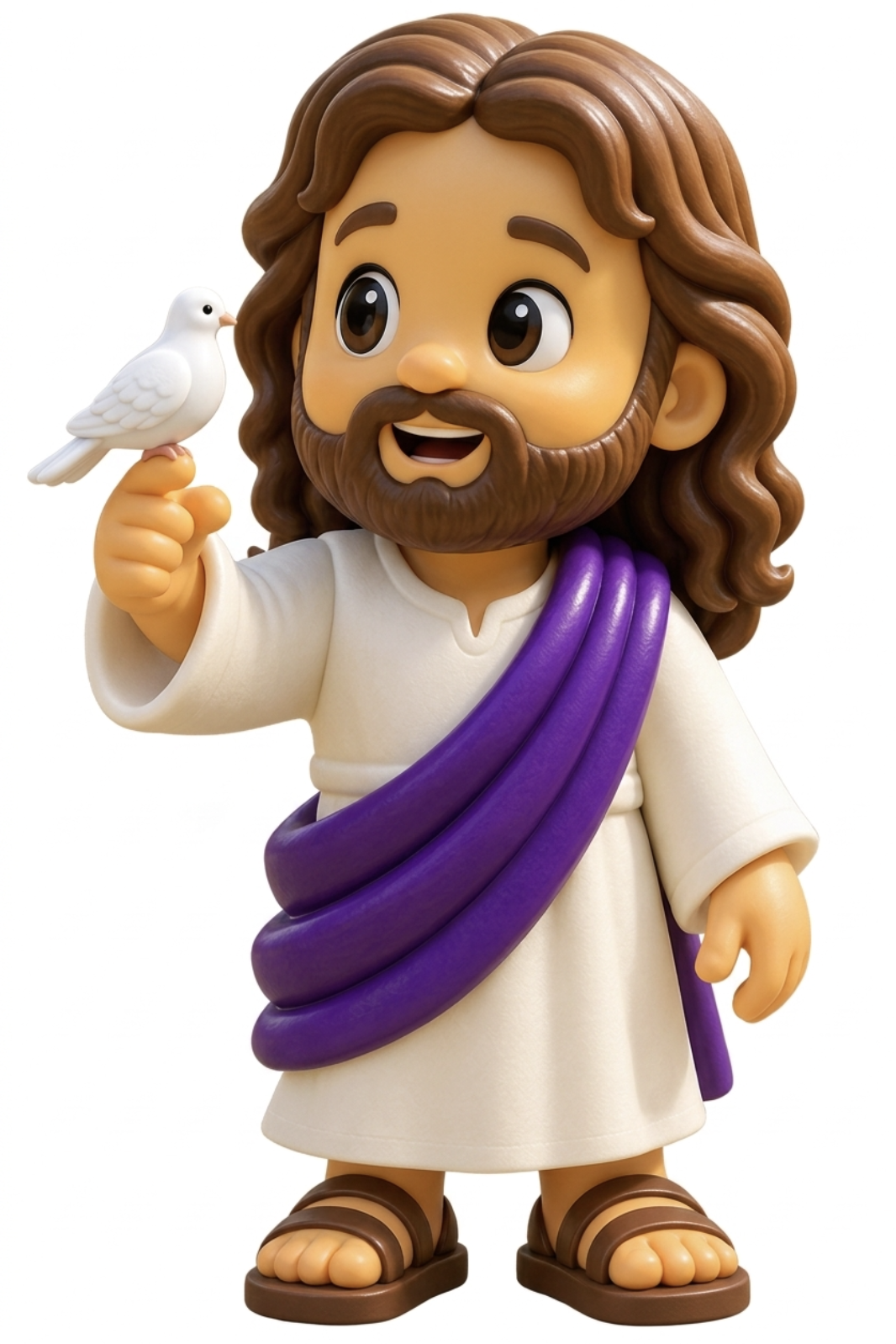 A friendly claymation figure of Jesus holding a dove